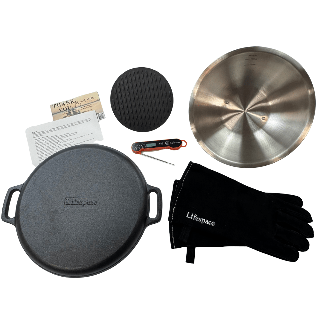 Lifespace Ultimate Steak Braai Bundle — Cast Iron Grill Pan + Steak Press + Dome Lid + Instant Read Thermometer + Black Leather Gloves - Lifespace
