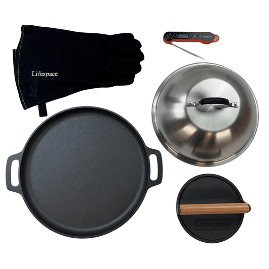 Lifespace Ultimate Steak Braai Bundle — Cast Iron Grill Pan + Steak Press + Dome Lid + Instant Read Thermometer + Black Leather Gloves - Lifespace