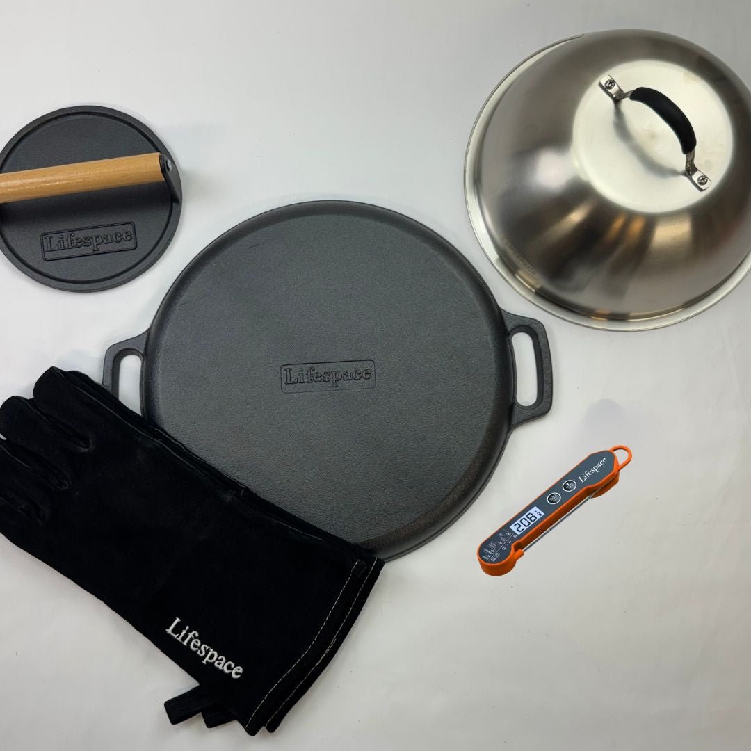 Lifespace Ultimate Steak Bundle — Cast Iron Grill Pan + Steak Press + Dome Lid + Instant Read Thermometer + Black Leather Gloves - Lifespace