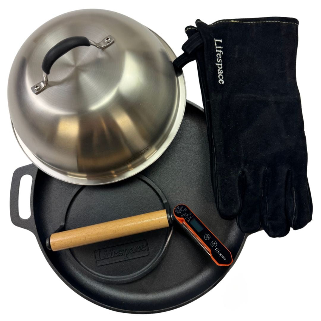 Lifespace Ultimate Steak Bundle — Cast Iron Grill Pan + Steak Press + Dome Lid + Instant Read Thermometer + Black Leather Gloves - Lifespace