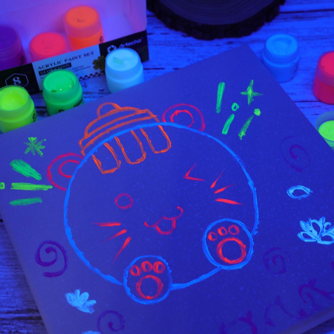 Artecho 8 colour Neon UV Glow in the Dark Acylic Paint Set (20ml) - Lifespace