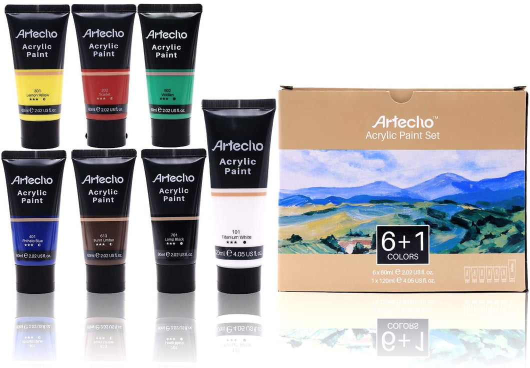Artecho Acrylic Paint Set, 7 Primary Colours - 6 x 60ml & 1 x 120ml Titanium White Acrylic Paint - Lifespace