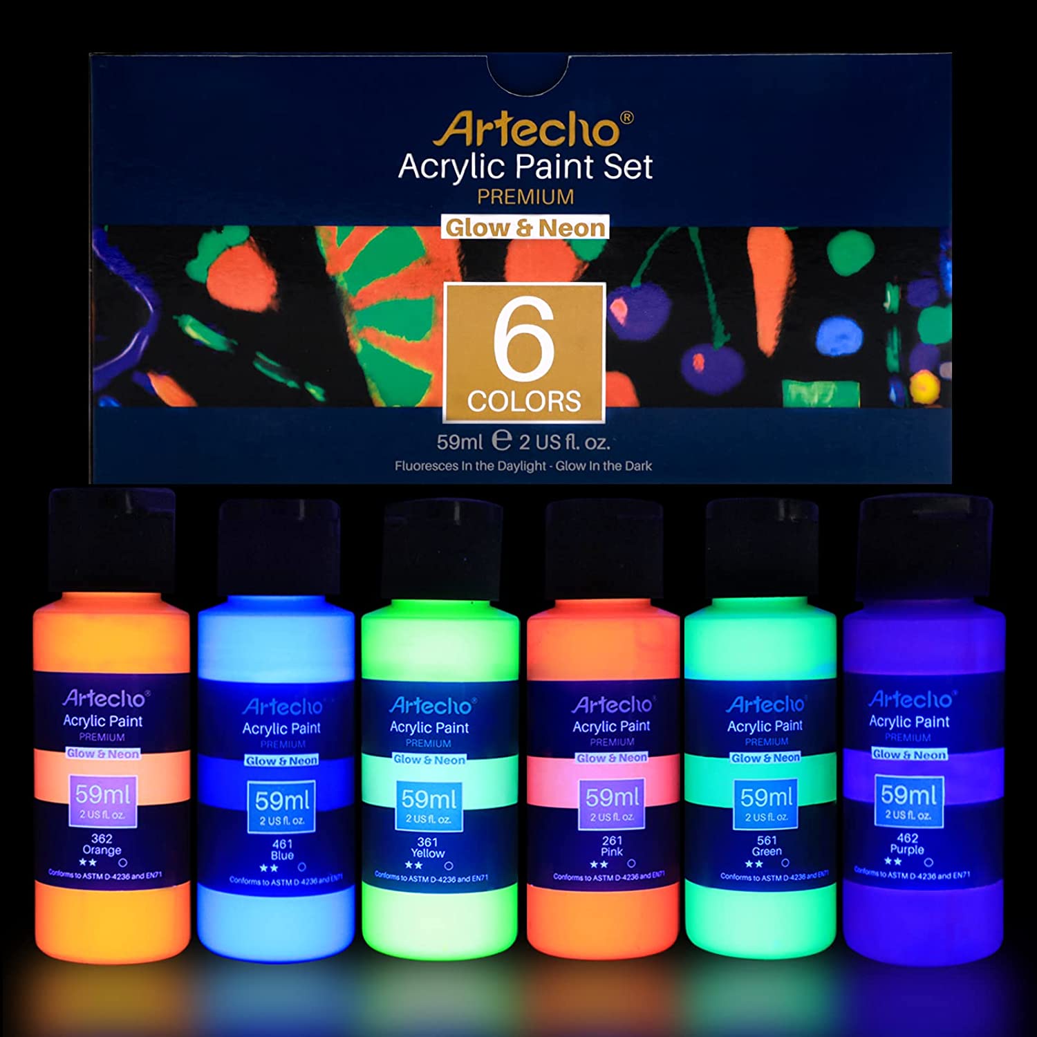 Artecho Glow in the Dark Paint - Set of 6 Colours, 60ml Acrylic Paints - Lifespace