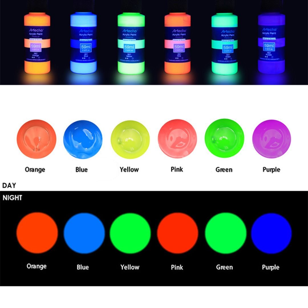 Artecho Glow in the Dark Paint - Set of 6 Colours, 60ml Acrylic Paints - Lifespace