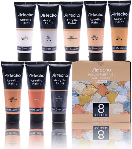 Artecho Metallic Acrylic Paint set - Earth Tone - Set of 8 Colours, 120ml Acrylic Paints - Lifespace