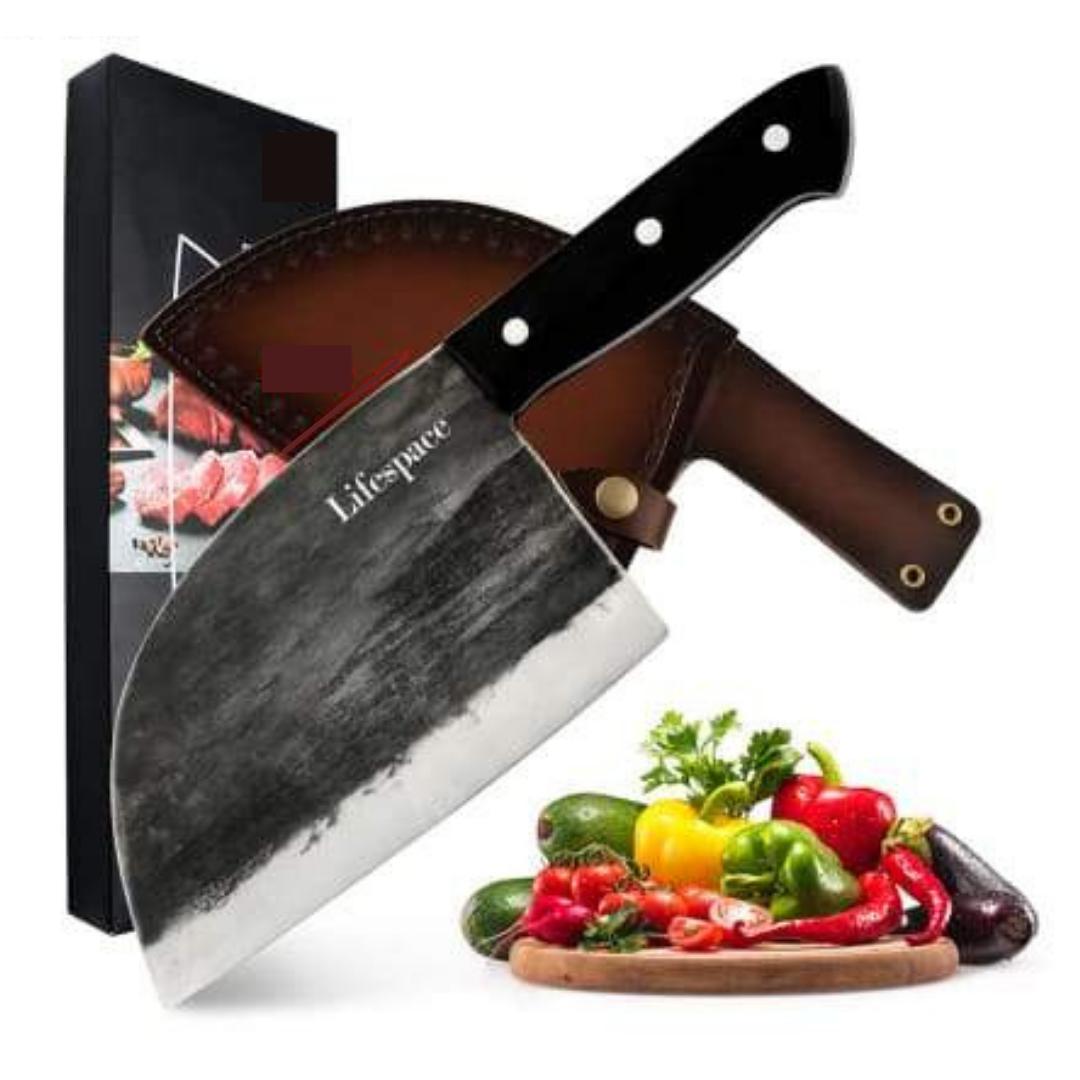 Lifespace Hammer Forged Full Tang Butcher Cleaver with Leather Sheath - Lifespace