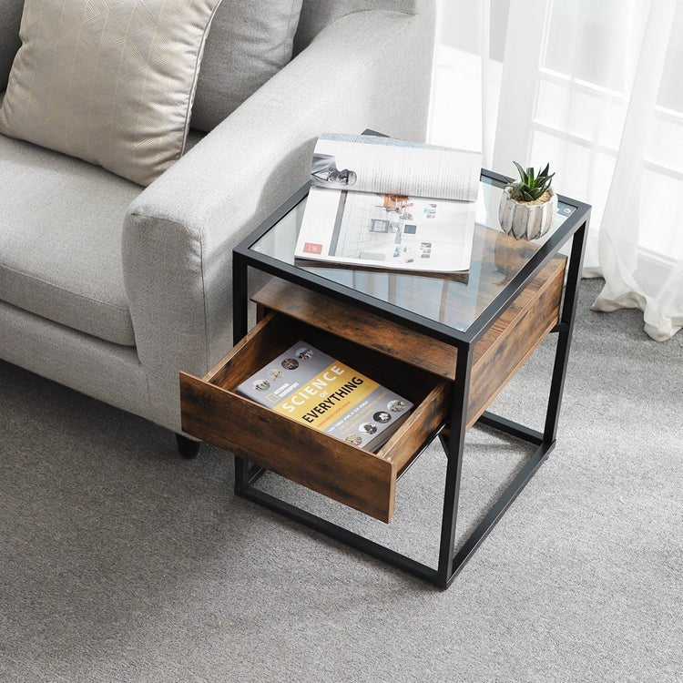 Rustic Glass End Table With Drawer
