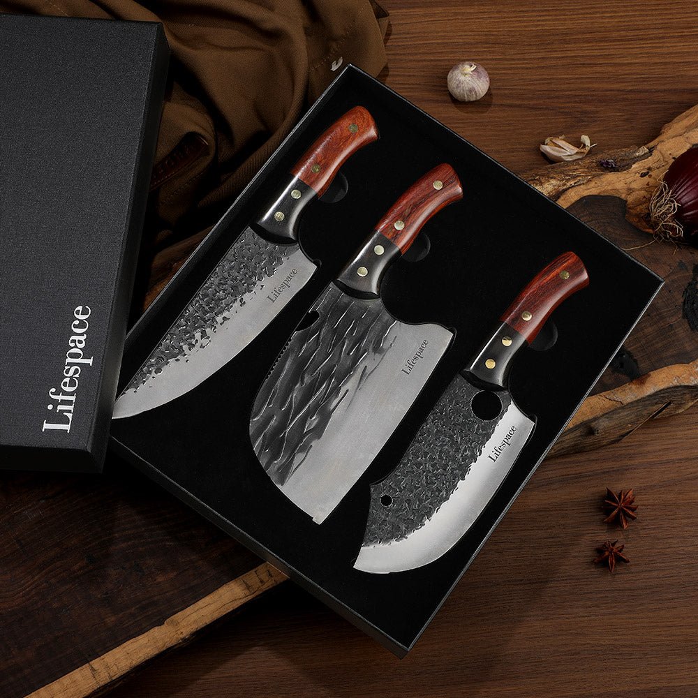 Lifespace Premium Chef Cleaver Knife Set (x3) with Genuine Leather Sheaths in a Gift Box - Lifespace