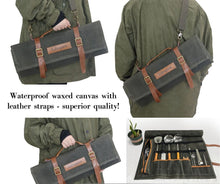 Load image into Gallery viewer, Lifespace Premium Leather &amp; Waxed Canvas Utensil &amp; Knife Roll - 8 Slots &amp; Zip Pouch - Lifespace