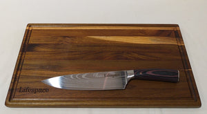 Lifespace Premium Teak Braai Board Paired With A Damascus Style 5CR15 Chef Knife - Lifespace