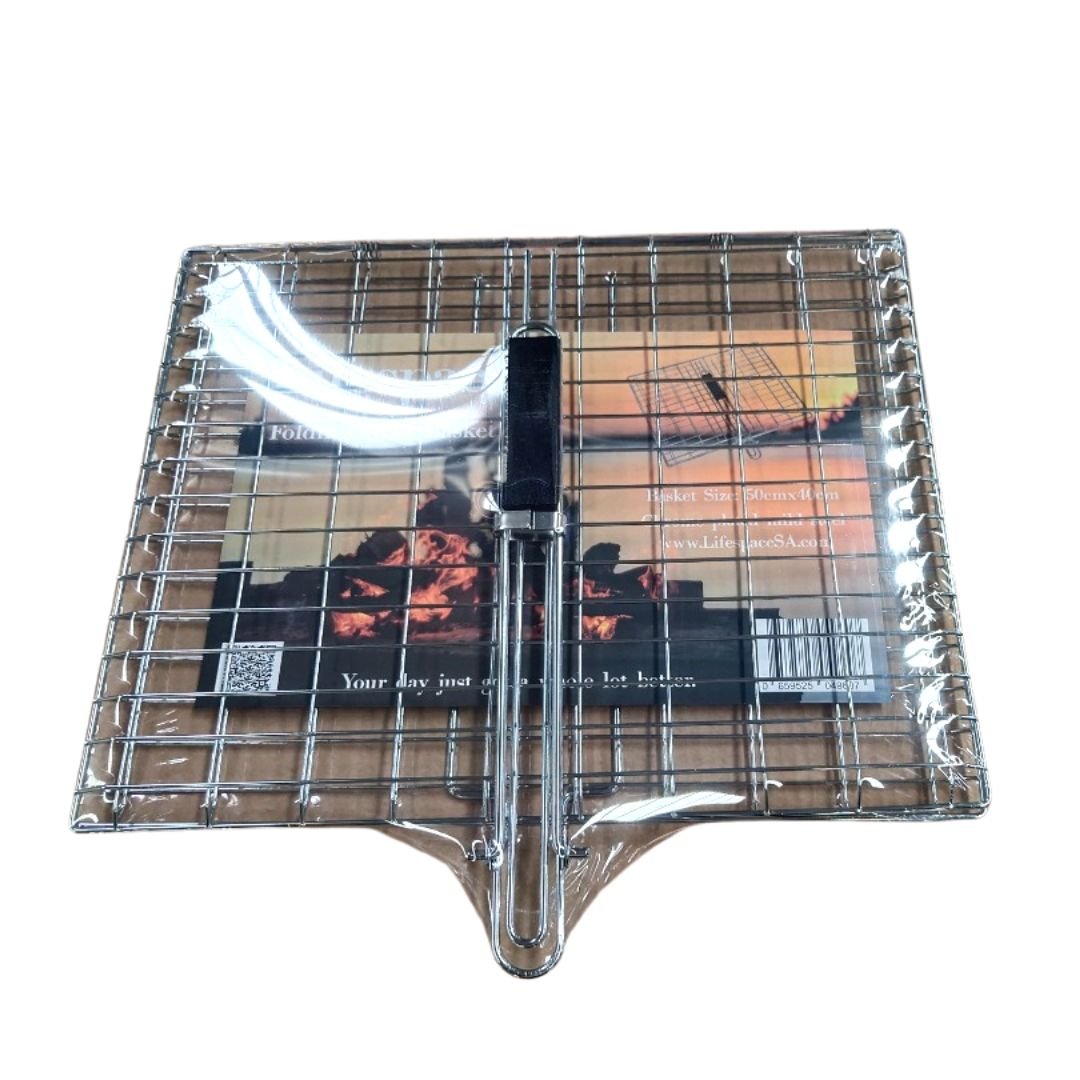 Lifespace Quality Large Braai Grid Basket with Folding Handle - Chrome - Lifespace