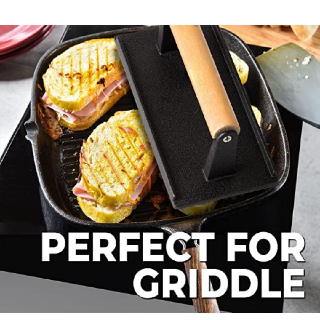 Lifespace Reversible Griddle Pan, Cast Iron Meat/Bacon Press & Cast Iron Care & Protect Bundle - Lifespace