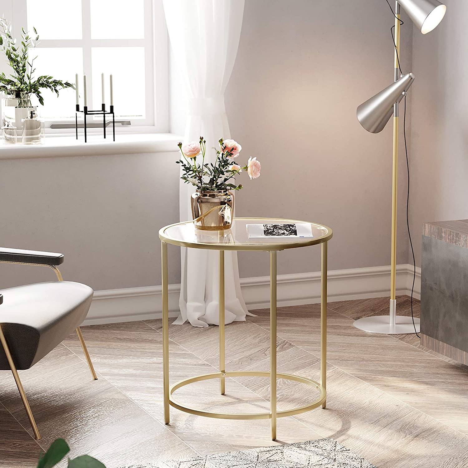 Lifespace Round Glass Side End Table with Gold Frame - Lifespace