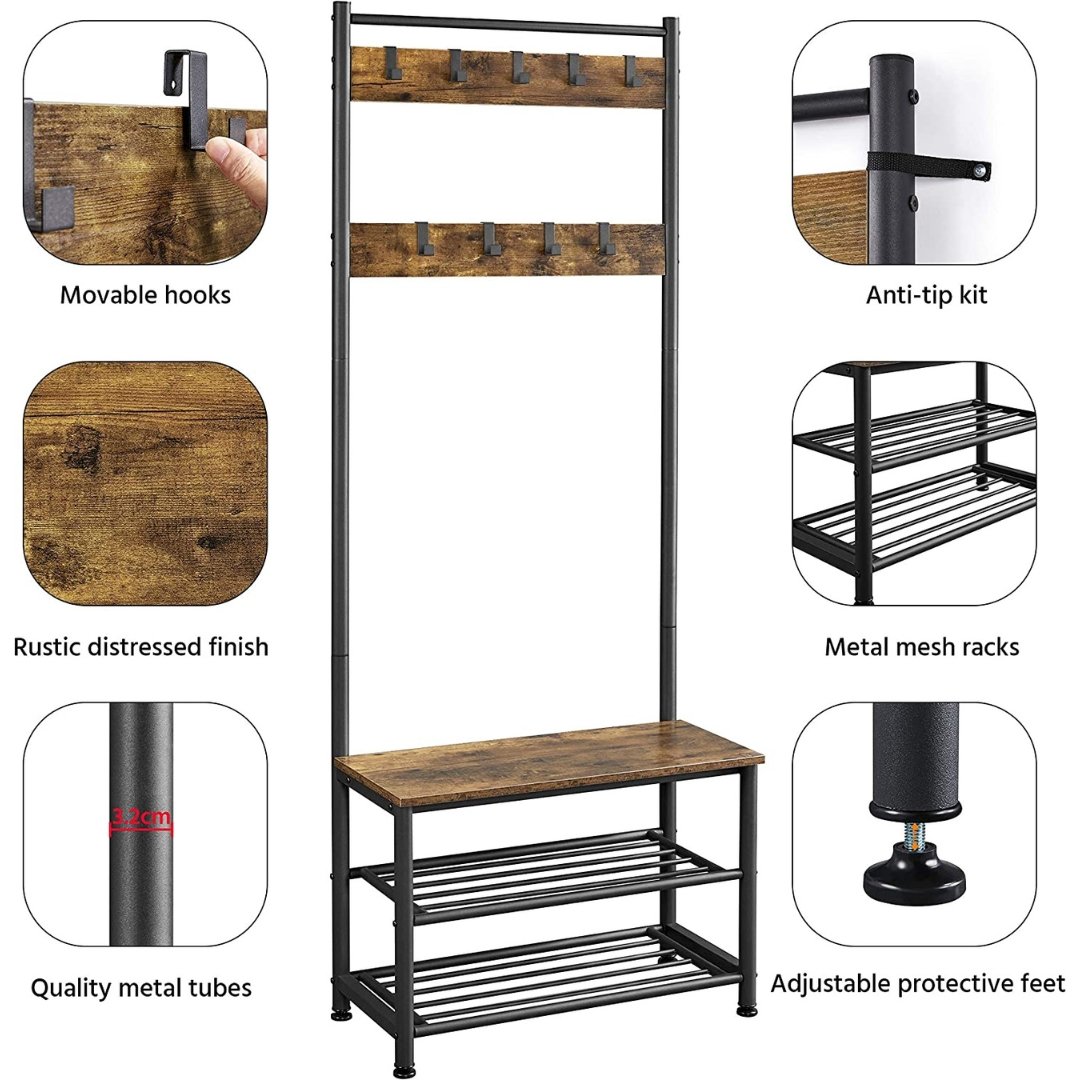 Lifespace Rustic Industrial Hall Stand & Shoe Rack - Lifespace